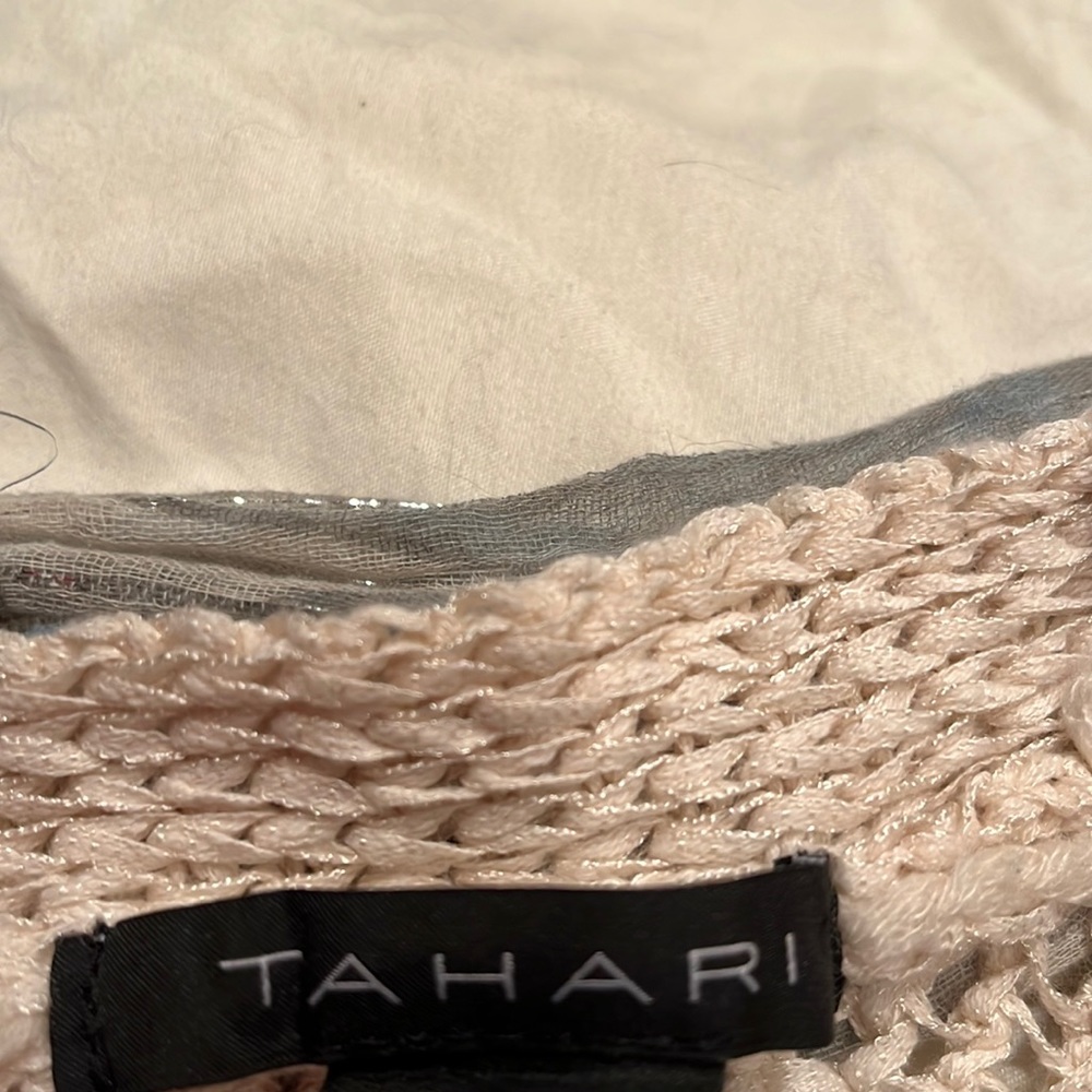 Tahari crocheted sweater XS crop cardigan cream with washed blue and cream scarf